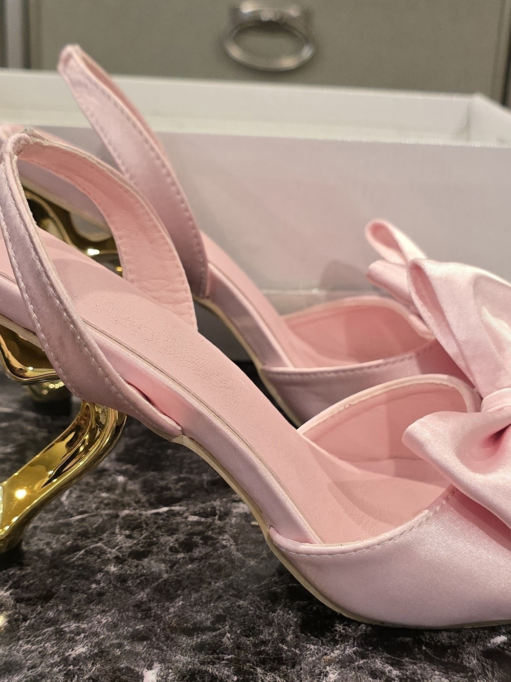 Pink Satin Slingback Heels with Gold Sculpted Heel